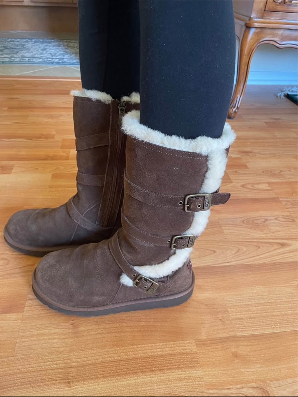 Woman’s/Girls UGG Brown Suede Shearling-Trim Mid-Calf Boots